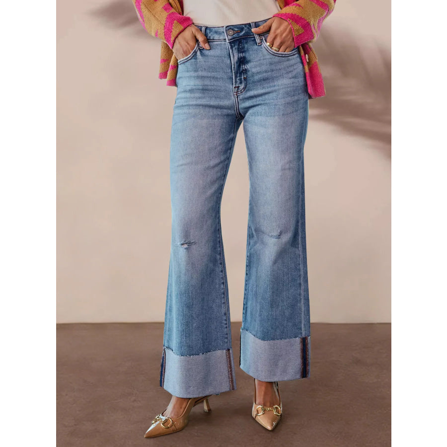 Distressed High-Waisted Flare Jeans Blue / S Apparel and Accessories