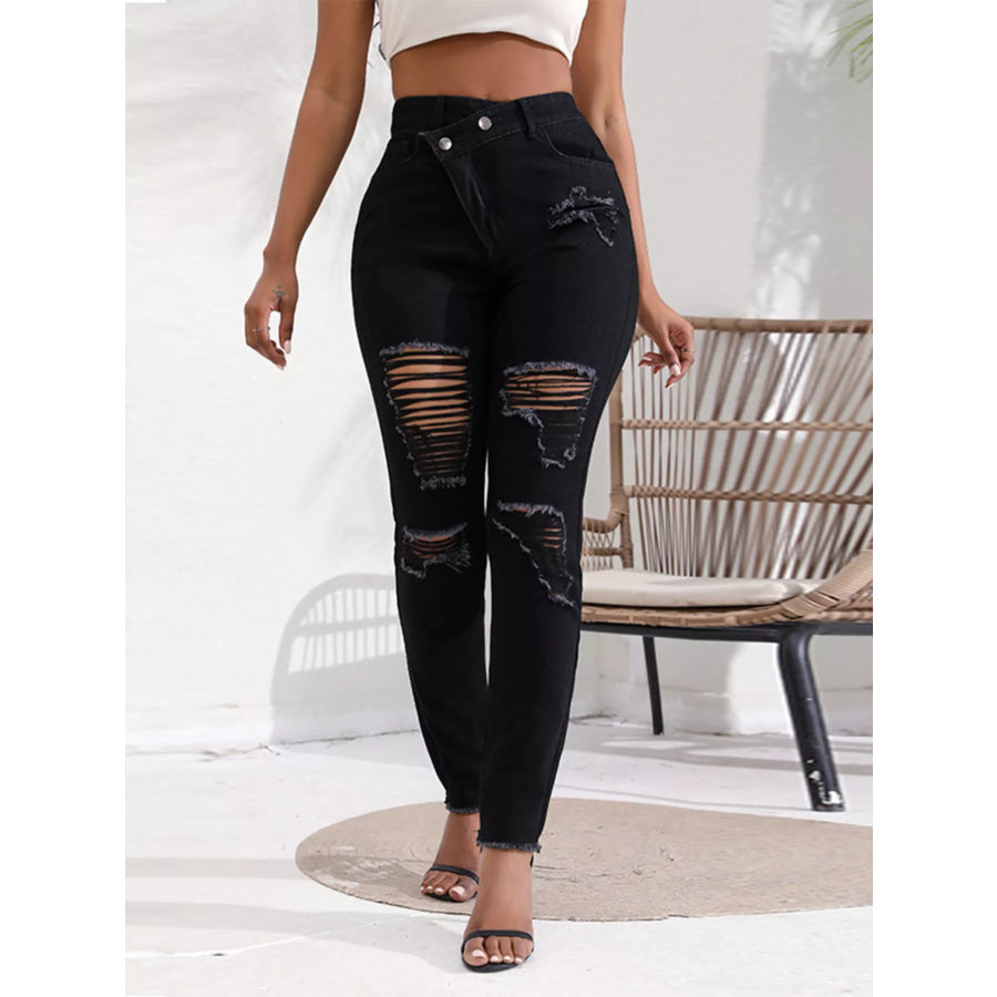 Distressed High-Waisted Jeans Black / XS Apparel and Accessories