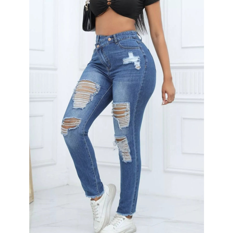 Distressed High-Waisted Jeans Dark Blue / XS Apparel and Accessories