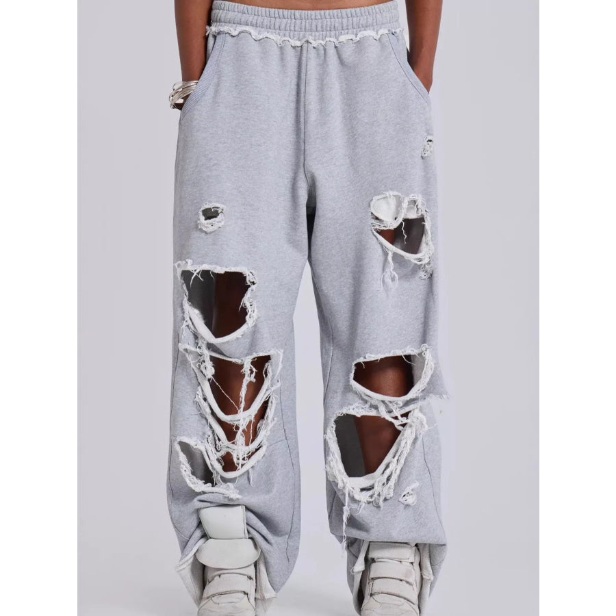 Distressed High-Waisted Wide-Leg Sweatpants Apparel and Accessories
