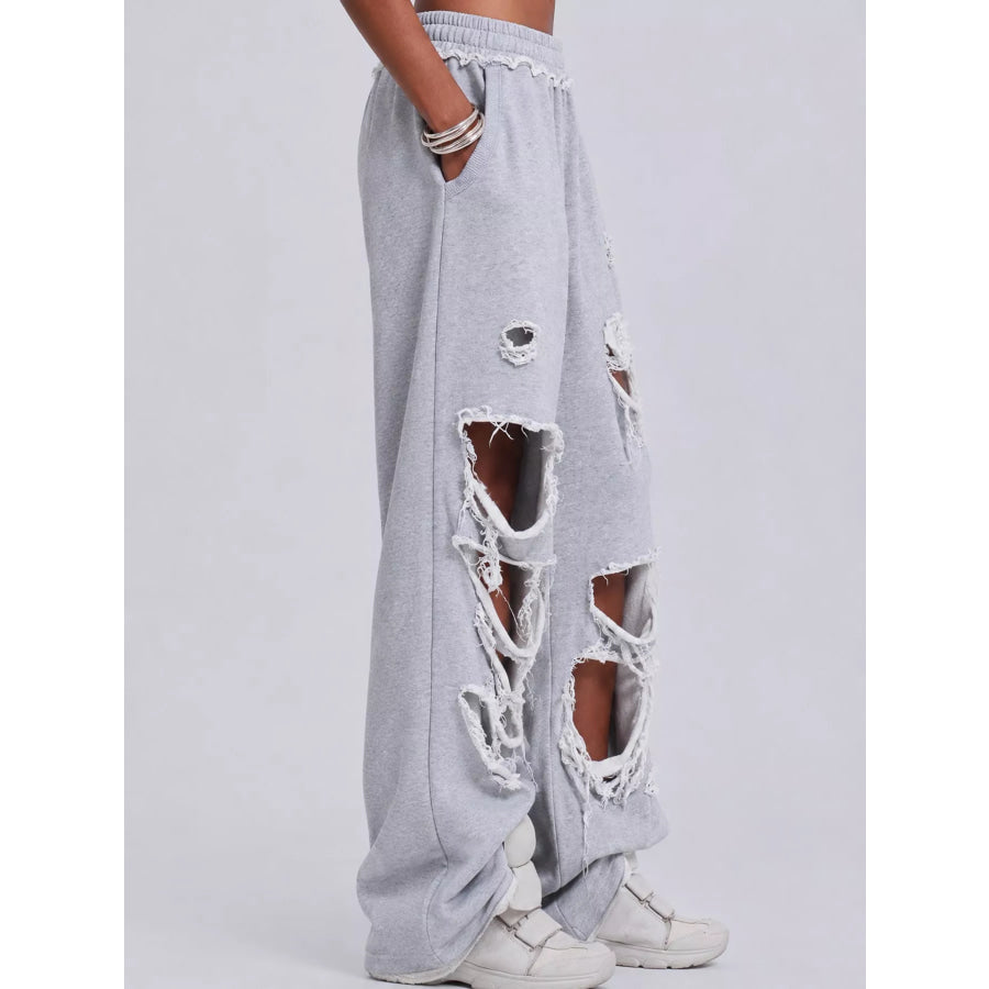 Distressed High-Waisted Wide-Leg Sweatpants Apparel and Accessories