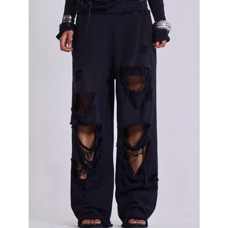 Distressed High-Waisted Wide-Leg Sweatpants Black / S Apparel and Accessories