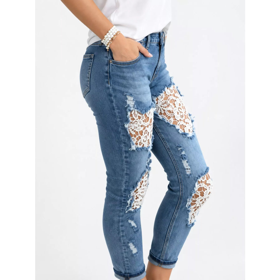 Distressed Lace Skinny Jeans Apparel and Accessories