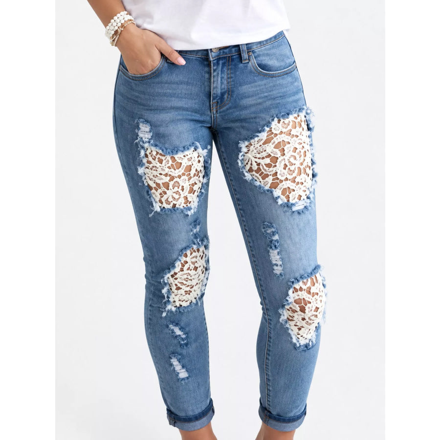Distressed Lace Skinny Jeans Blue / S Apparel and Accessories