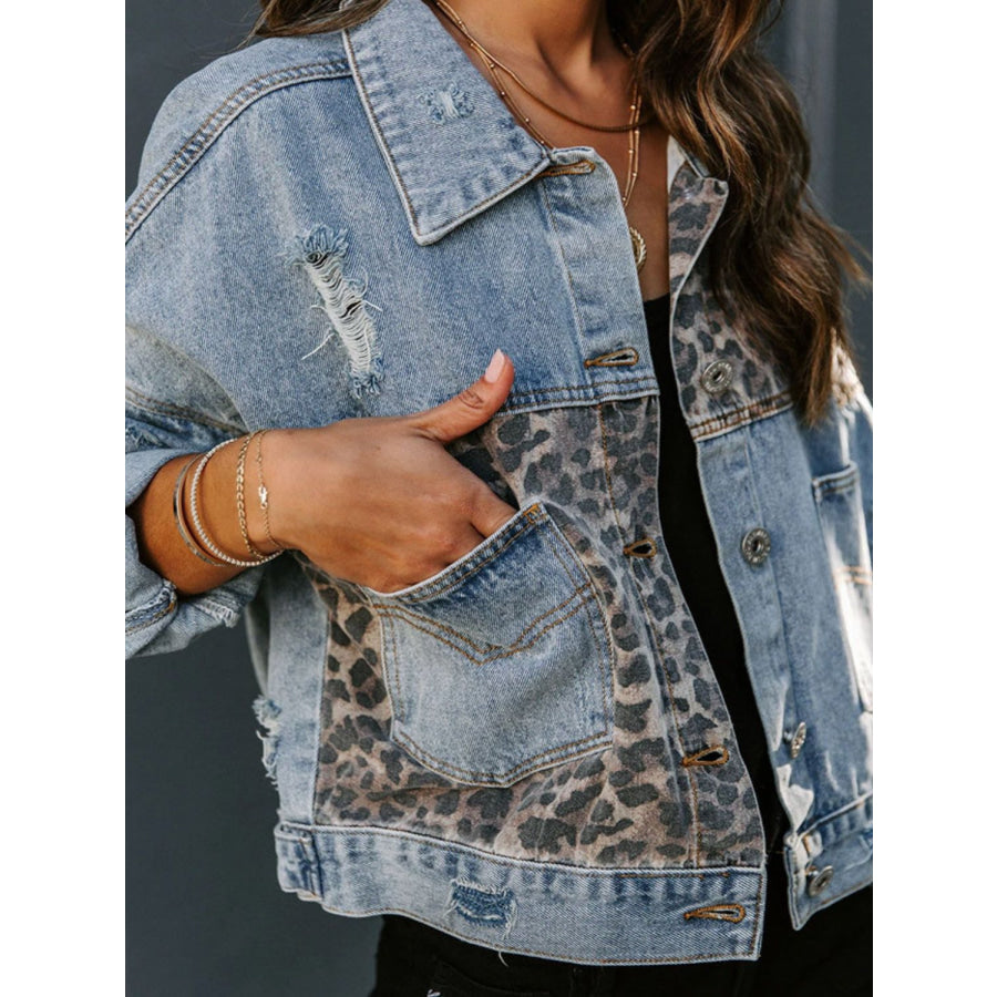 Distressed Leopard Drop Shoulder Denim Jacket Apparel and Accessories