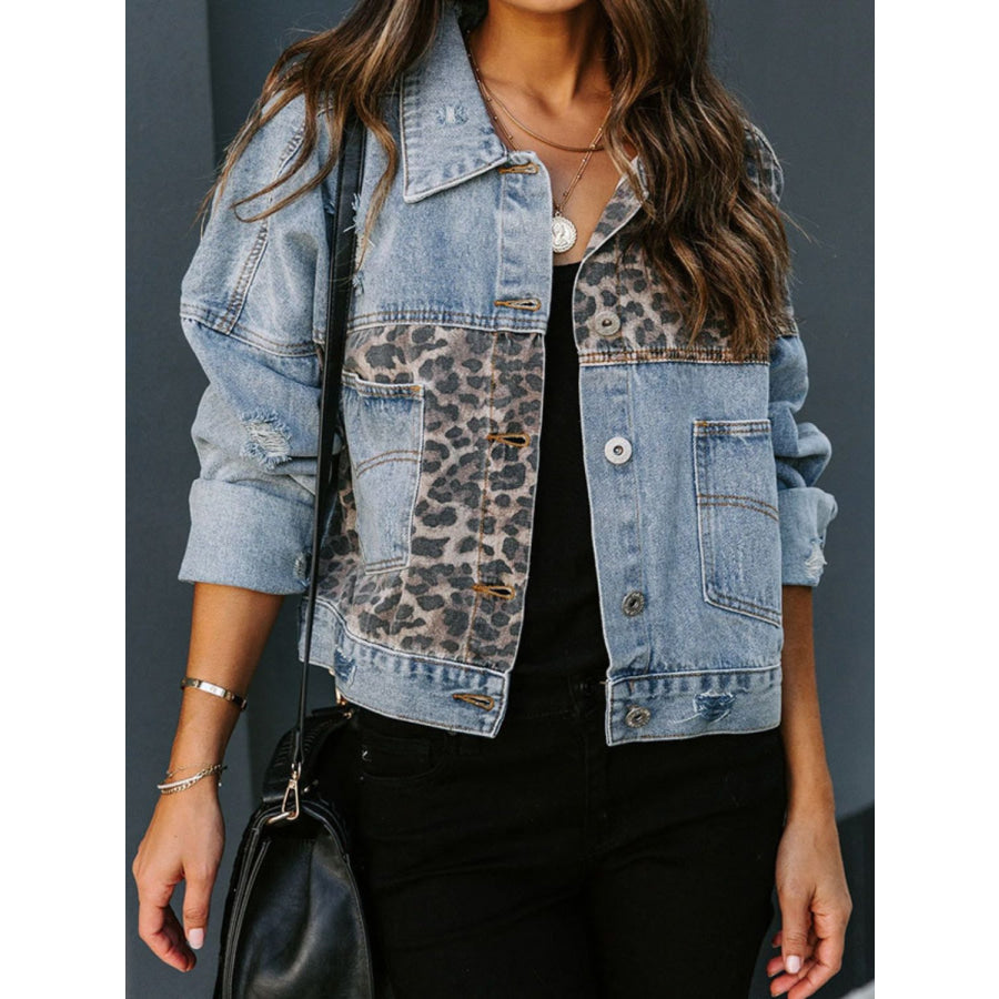 Distressed Leopard Drop Shoulder Denim Jacket Apparel and Accessories