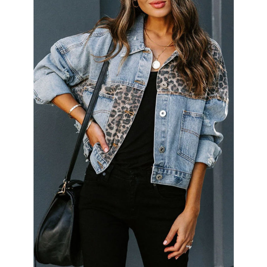 Distressed Leopard Drop Shoulder Denim Jacket Apparel and Accessories