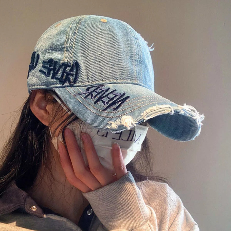 Distressed Letter Embroidered Baseball Cap Denim Blue / One Size Apparel and Accessories