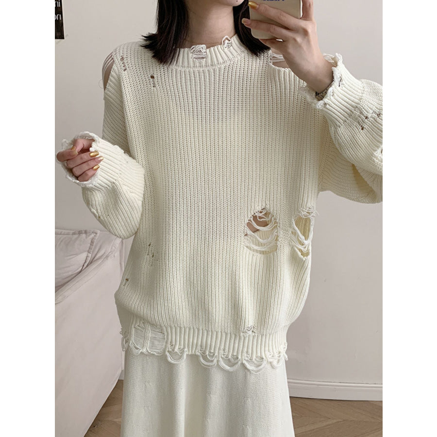Distressed Long Sleeve Sweater and Skirt Set Off White / One Size Apparel and Accessories