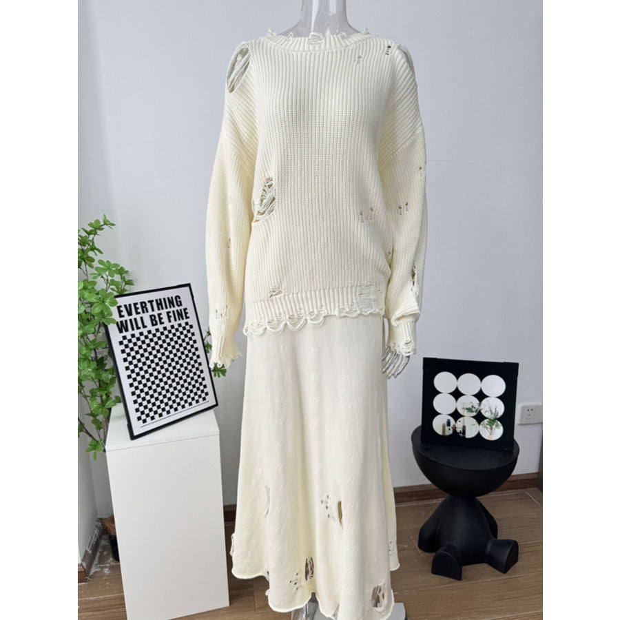 Distressed Long Sleeve Sweater and Skirt Set Apparel and Accessories