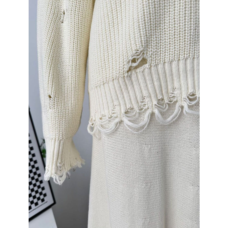 Distressed Long Sleeve Sweater and Skirt Set Apparel and Accessories