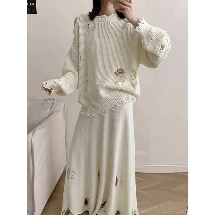 Distressed Long Sleeve Sweater and Skirt Set Off White / One Size Apparel and Accessories