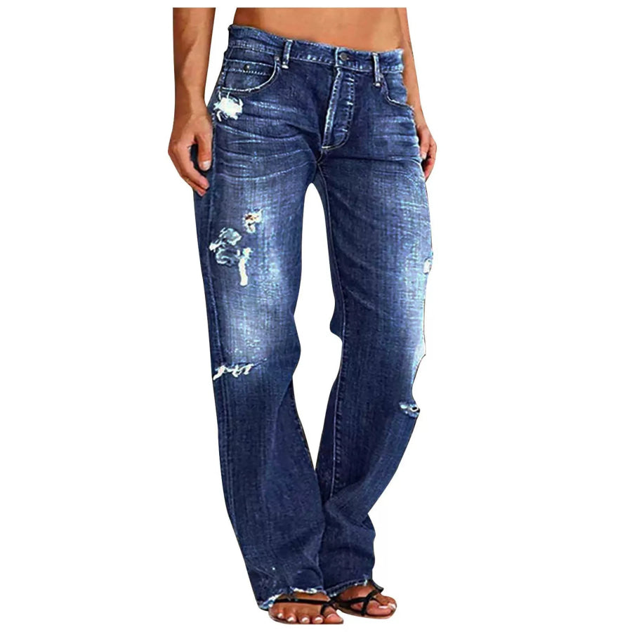 Distressed Loose Fit Jeans Dark Blue / S Apparel and Accessories