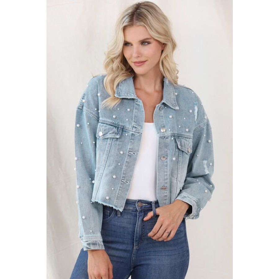 Distressed Pearl Trim Button Up Denim Jacket Clothing