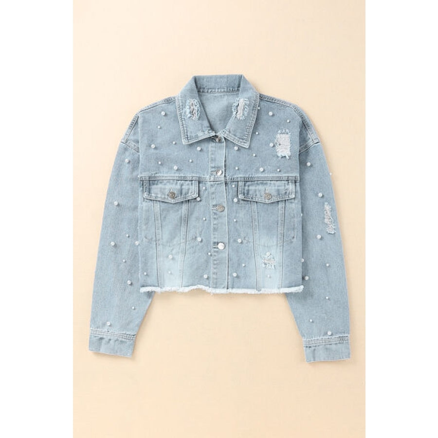 Distressed Pearl Trim Button Up Denim Jacket Clothing