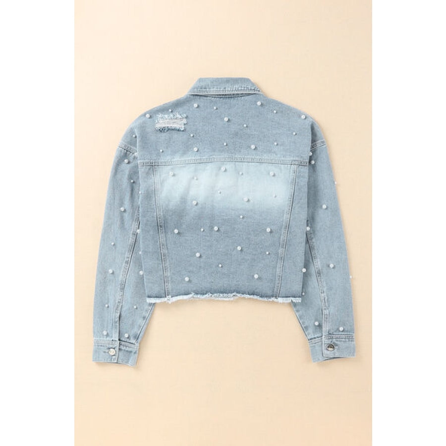 Distressed Pearl Trim Button Up Denim Jacket Clothing