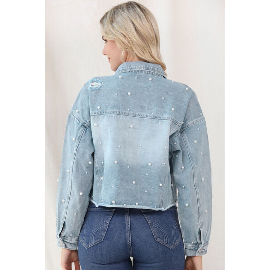 Distressed Pearl Trim Button Up Denim Jacket Clothing