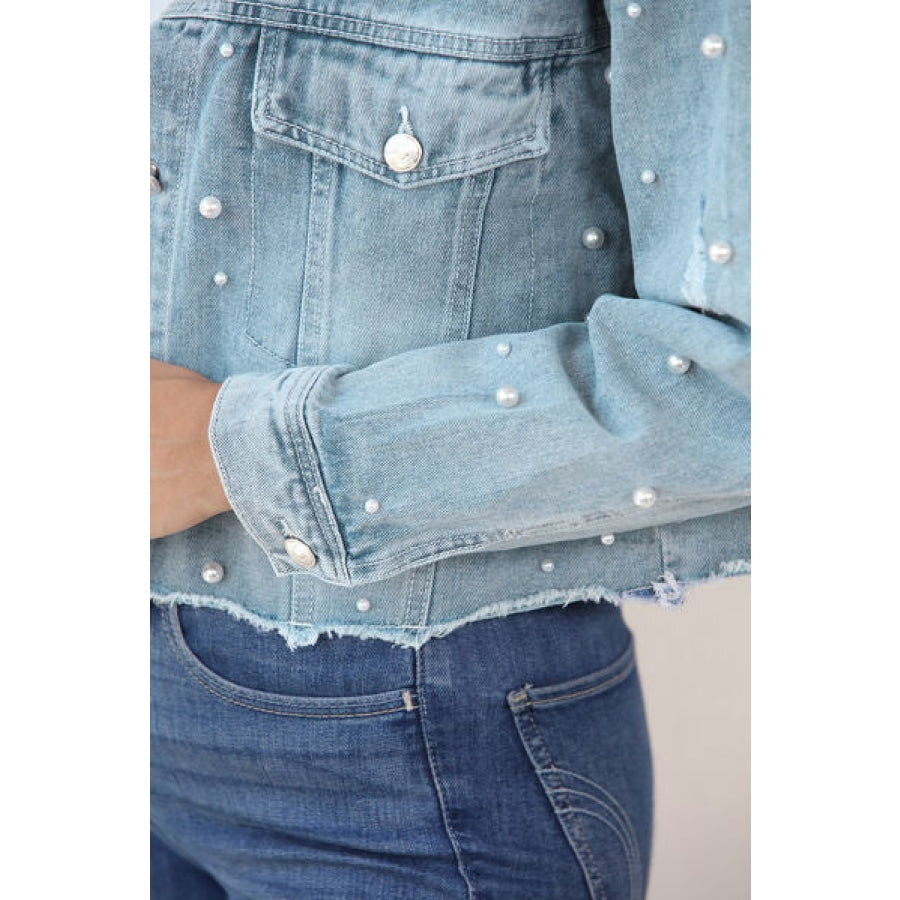 Distressed Pearl Trim Button Up Denim Jacket Clothing