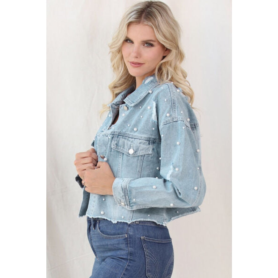 Distressed Pearl Trim Button Up Denim Jacket Clothing