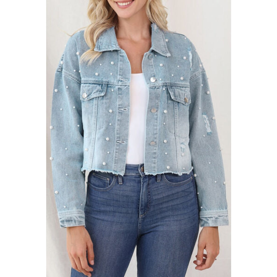 Distressed Pearl Trim Button Up Denim Jacket Light / S Clothing