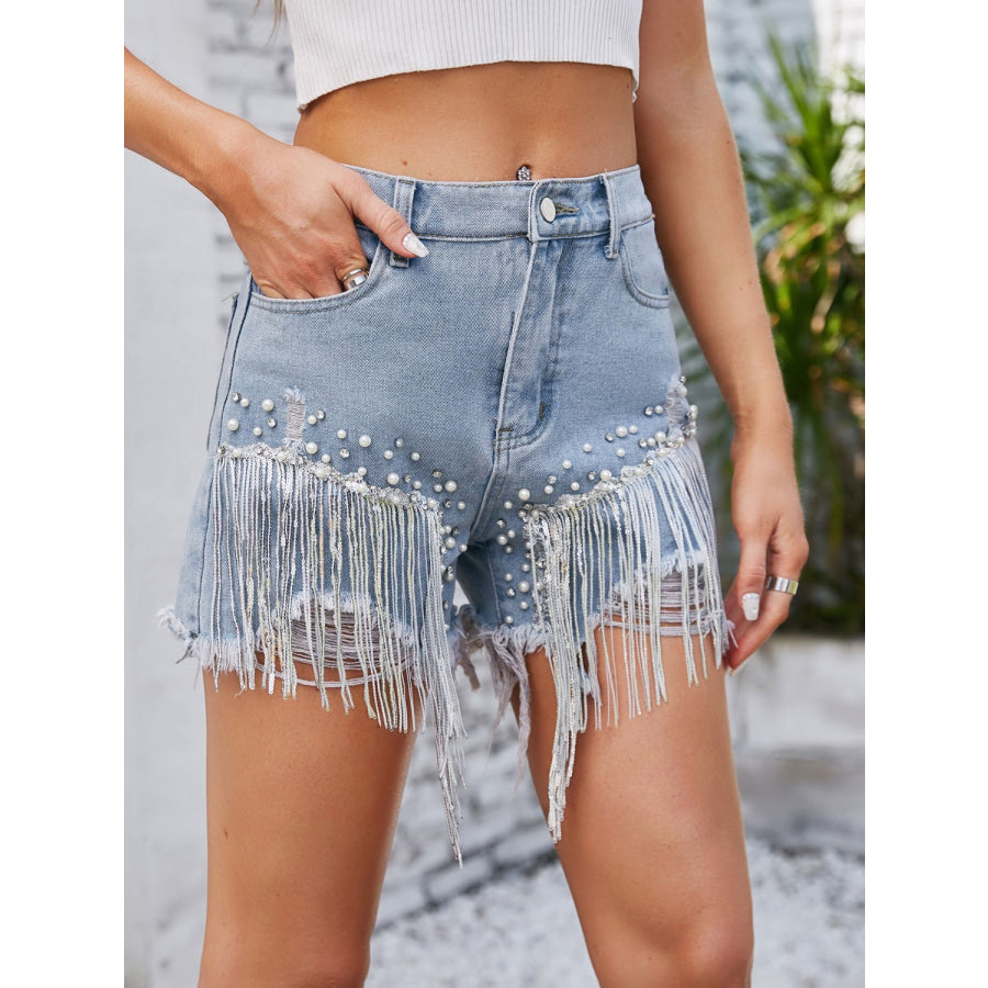 Distressed Pearl Trim Denim Shorts with Pockets Apparel and Accessories