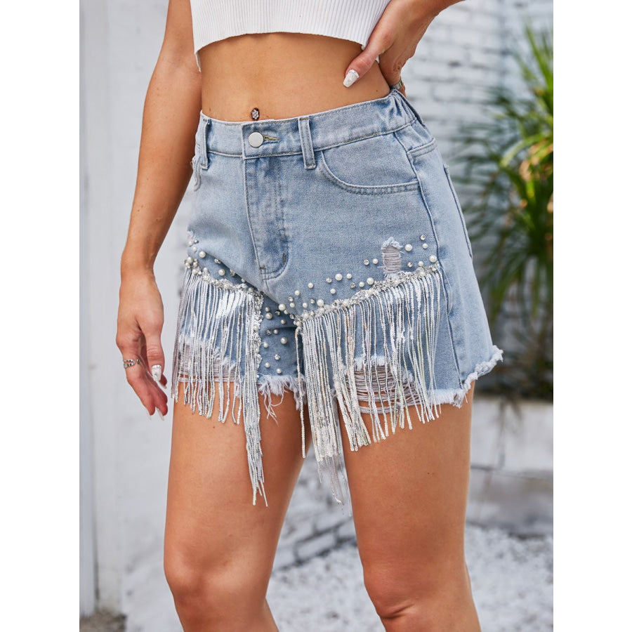 Distressed Pearl Trim Denim Shorts with Pockets Apparel and Accessories