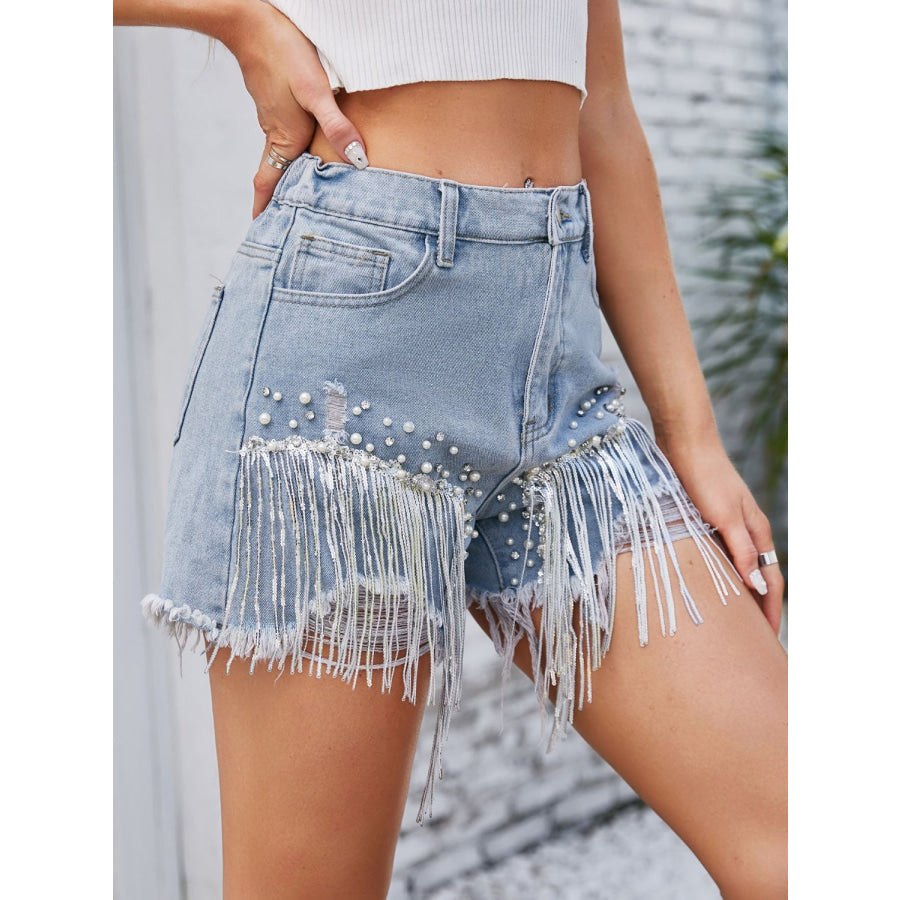 Distressed Pearl Trim Denim Shorts with Pockets Light / XS Apparel and Accessories