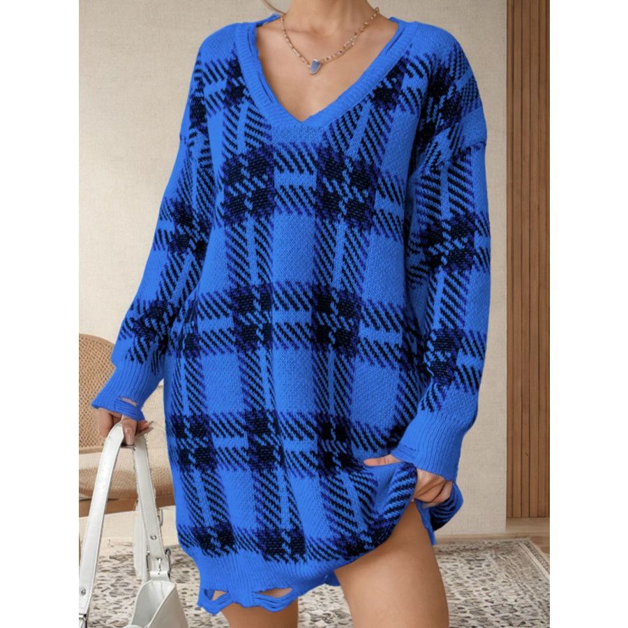 Distressed Plaid V-Neck Long Sleeve Sweater Dress Apparel and Accessories