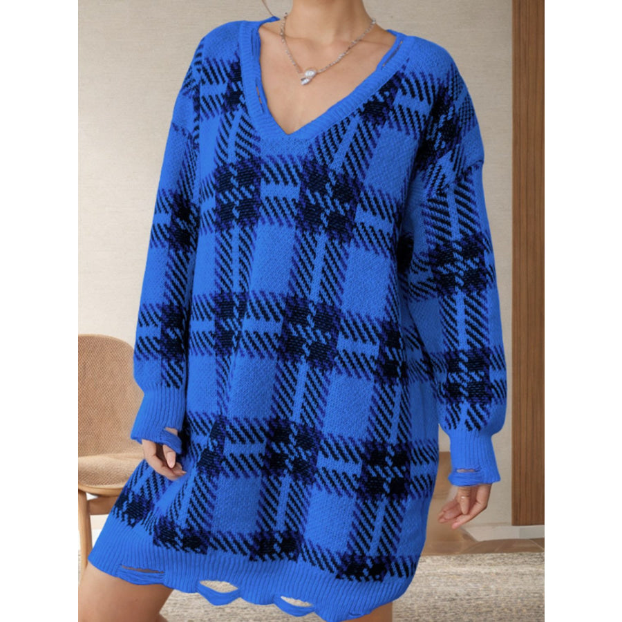 Distressed Plaid V-Neck Long Sleeve Sweater Dress Apparel and Accessories