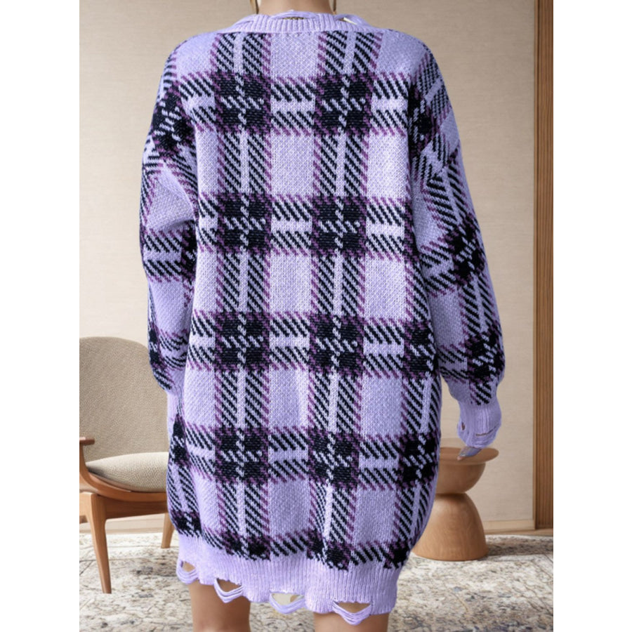 Distressed Plaid V-Neck Long Sleeve Sweater Dress Apparel and Accessories