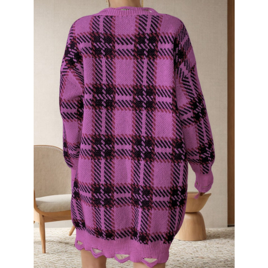 Distressed Plaid V-Neck Long Sleeve Sweater Dress Apparel and Accessories