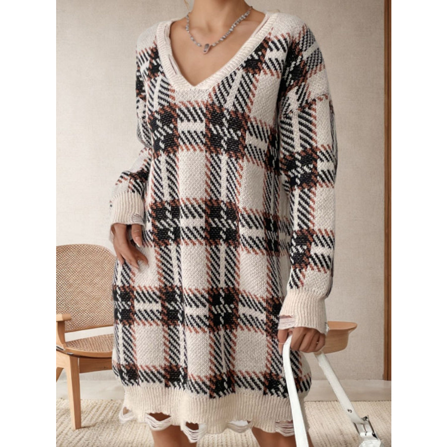 Distressed Plaid V-Neck Long Sleeve Sweater Dress Apparel and Accessories