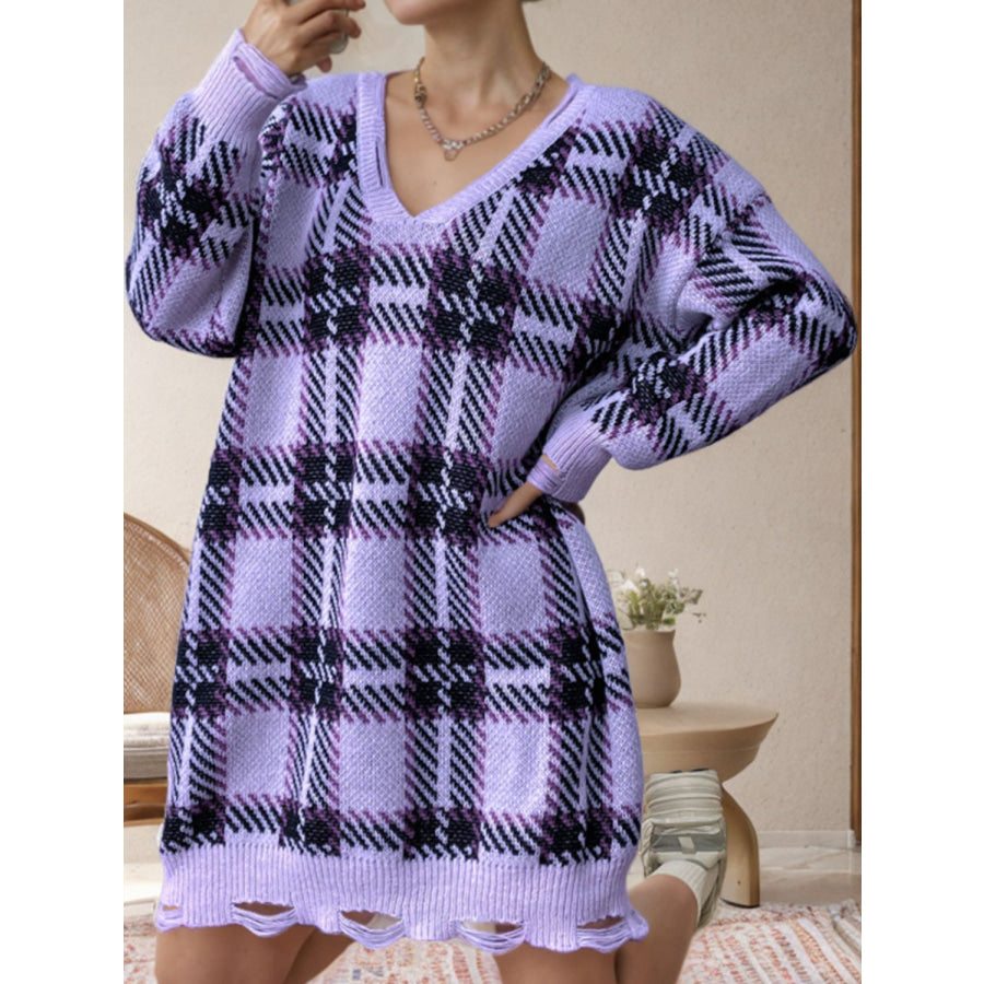 Distressed Plaid V-Neck Long Sleeve Sweater Dress Apparel and Accessories