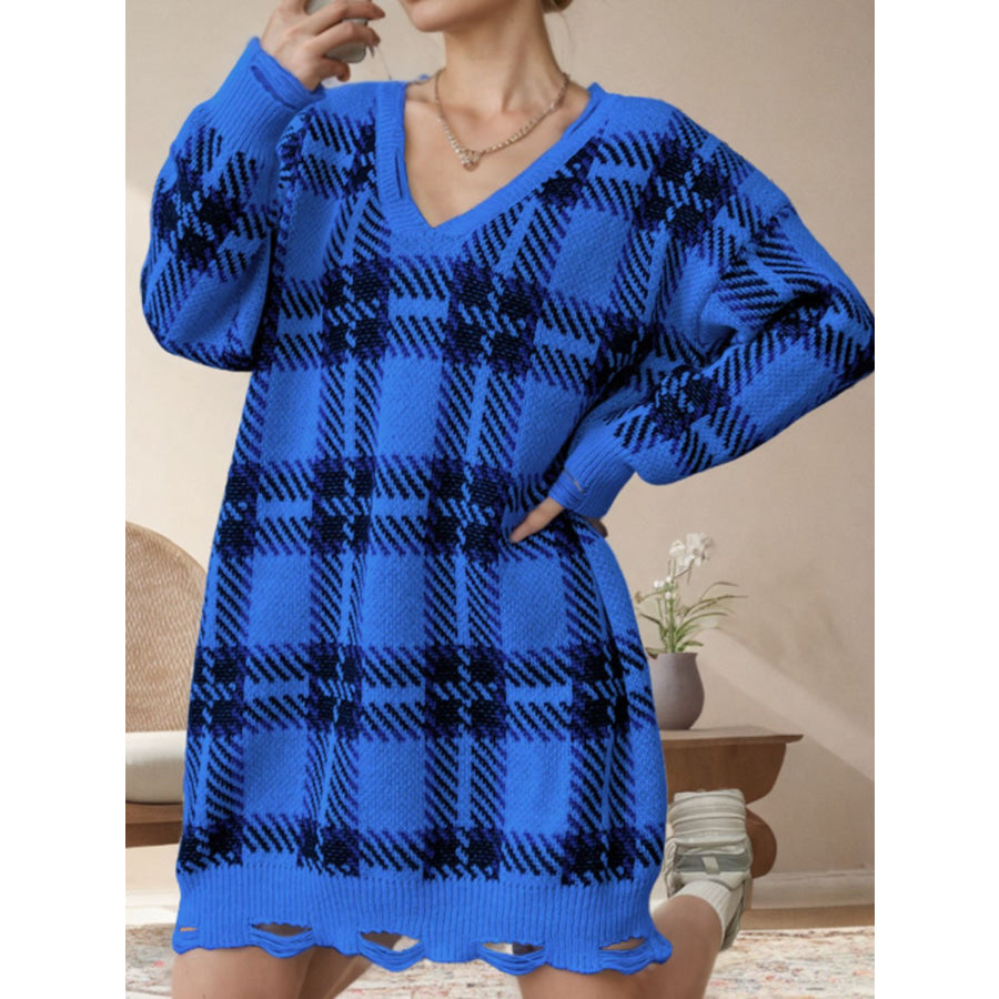 Distressed Plaid V-Neck Long Sleeve Sweater Dress Royal Blue / One Size Apparel and Accessories