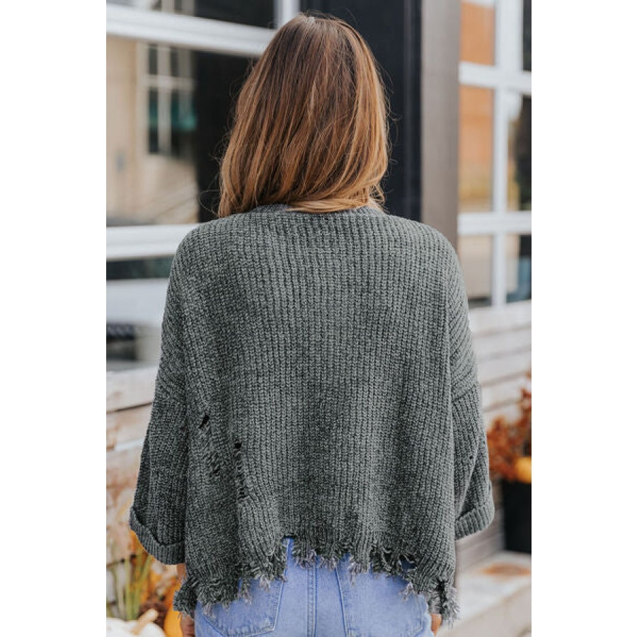 Distressed Pocketed Raw Hem Sweater Clothing