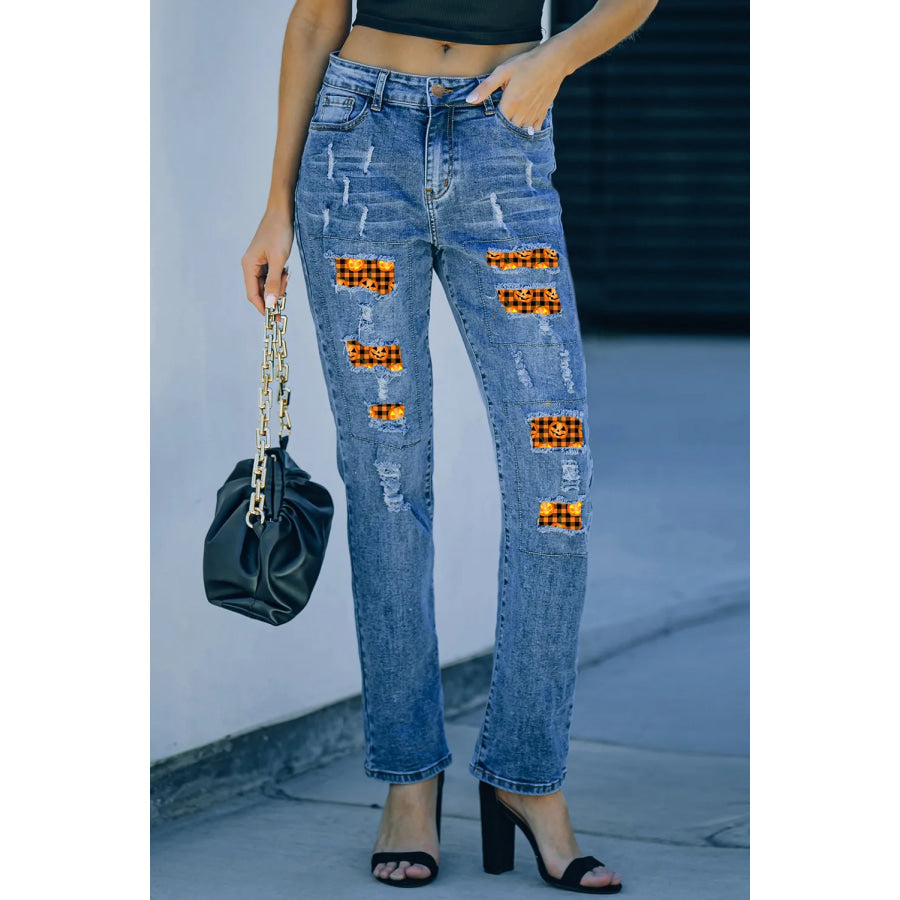 Distressed Pumpkin Pattern Jeans with Pockets Apparel and Accessories