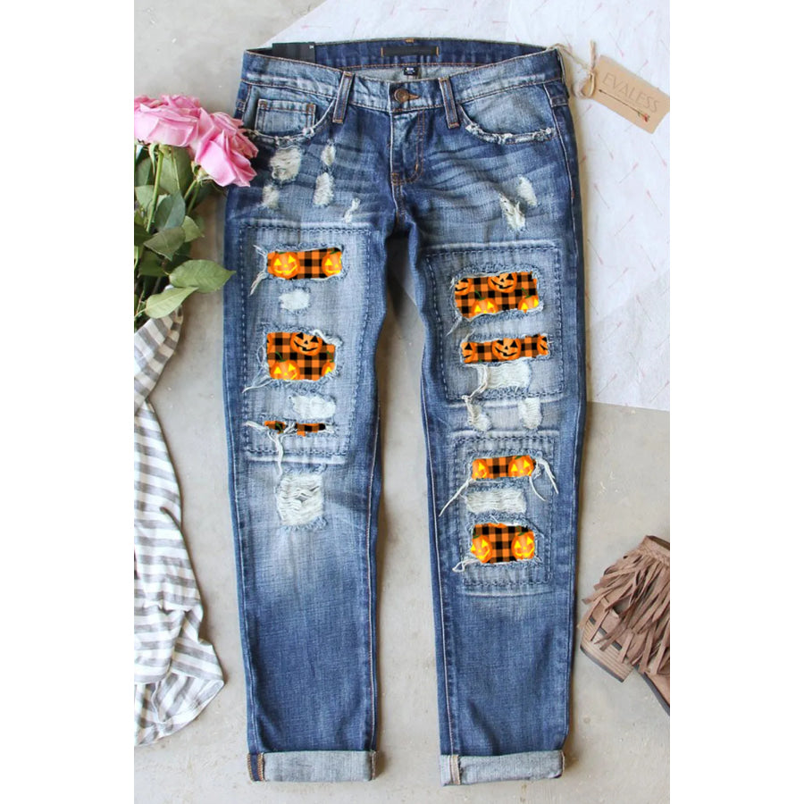 Distressed Pumpkin Pattern Jeans with Pockets Medium / 4 Apparel and Accessories