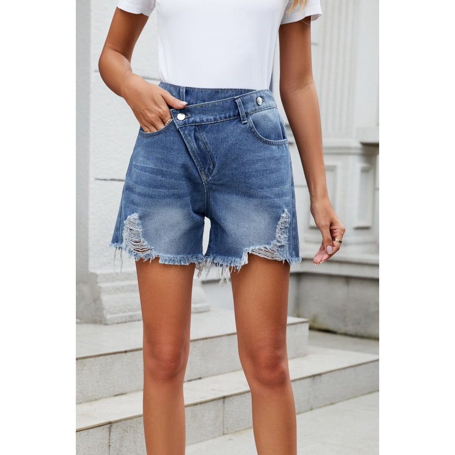 Distressed Raw Hem Asymmetric Waist Denim Shorts Apparel and Accessories