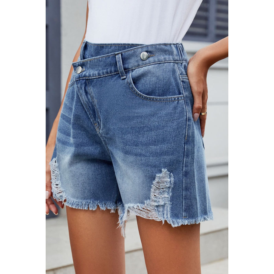 Distressed Raw Hem Asymmetric Waist Denim Shorts Apparel and Accessories