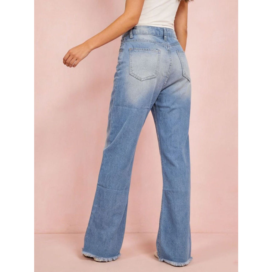 Distressed Raw Hem Bootcut Jeans Light Blue / S Apparel and Accessories