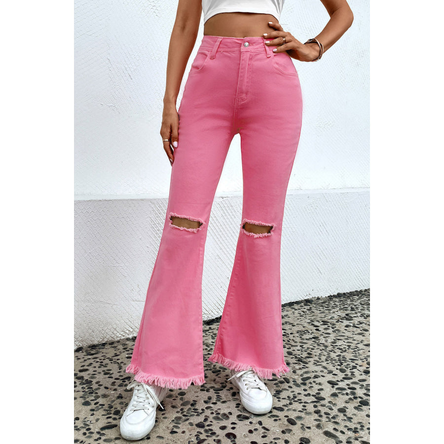 Distressed Raw Hem Bootcut Jeans Carnation Pink / 6 Apparel and Accessories