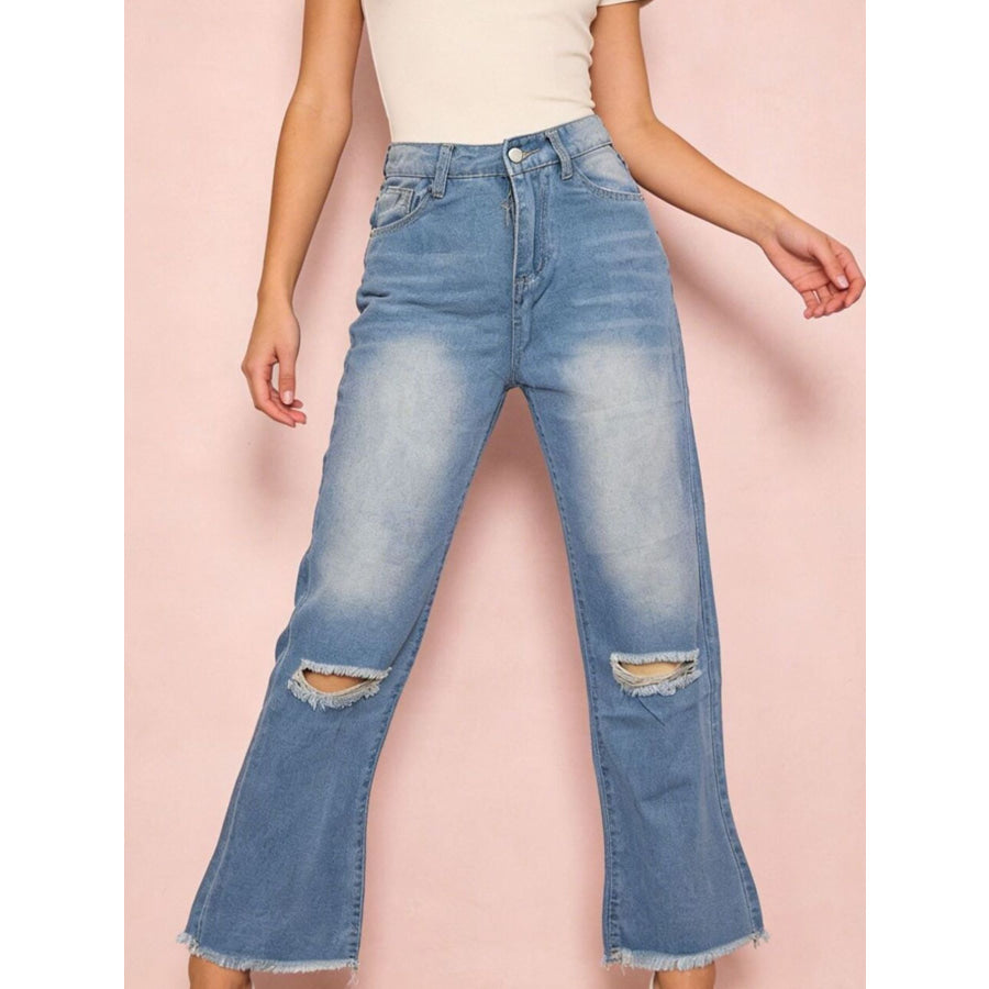 Distressed Raw Hem Bootcut Jeans Light Blue / S Apparel and Accessories