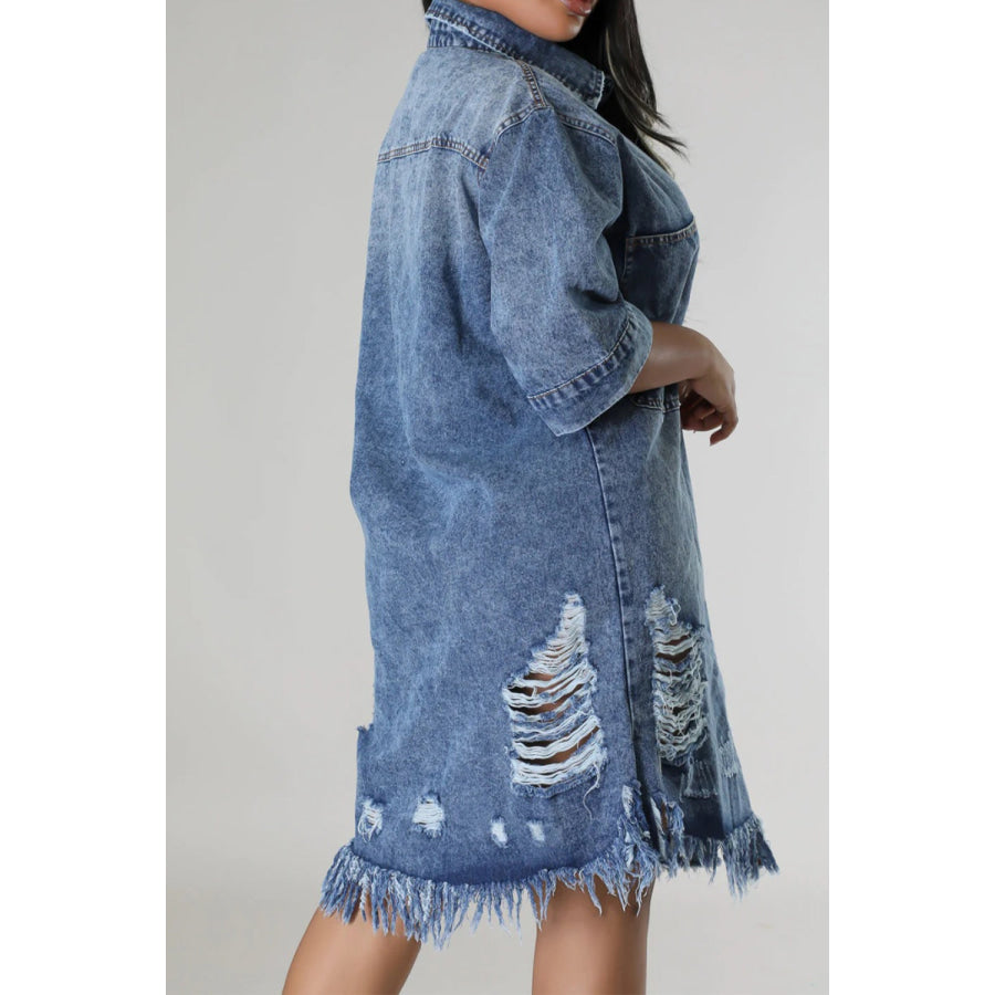 Distressed Raw Hem Button Up Denim Dress Apparel and Accessories