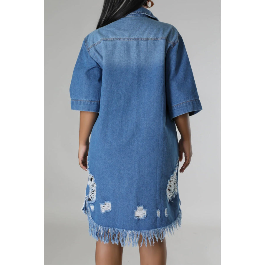 Distressed Raw Hem Button Up Denim Dress Apparel and Accessories