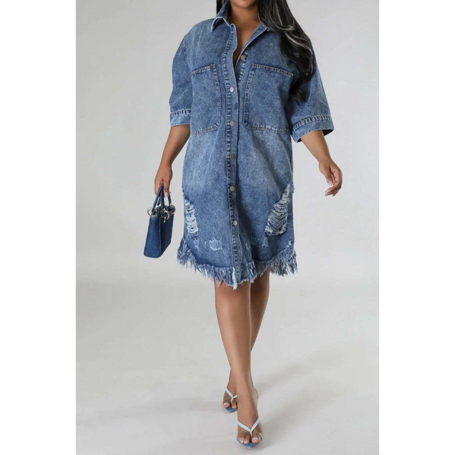 Distressed Raw Hem Button Up Denim Dress Apparel and Accessories