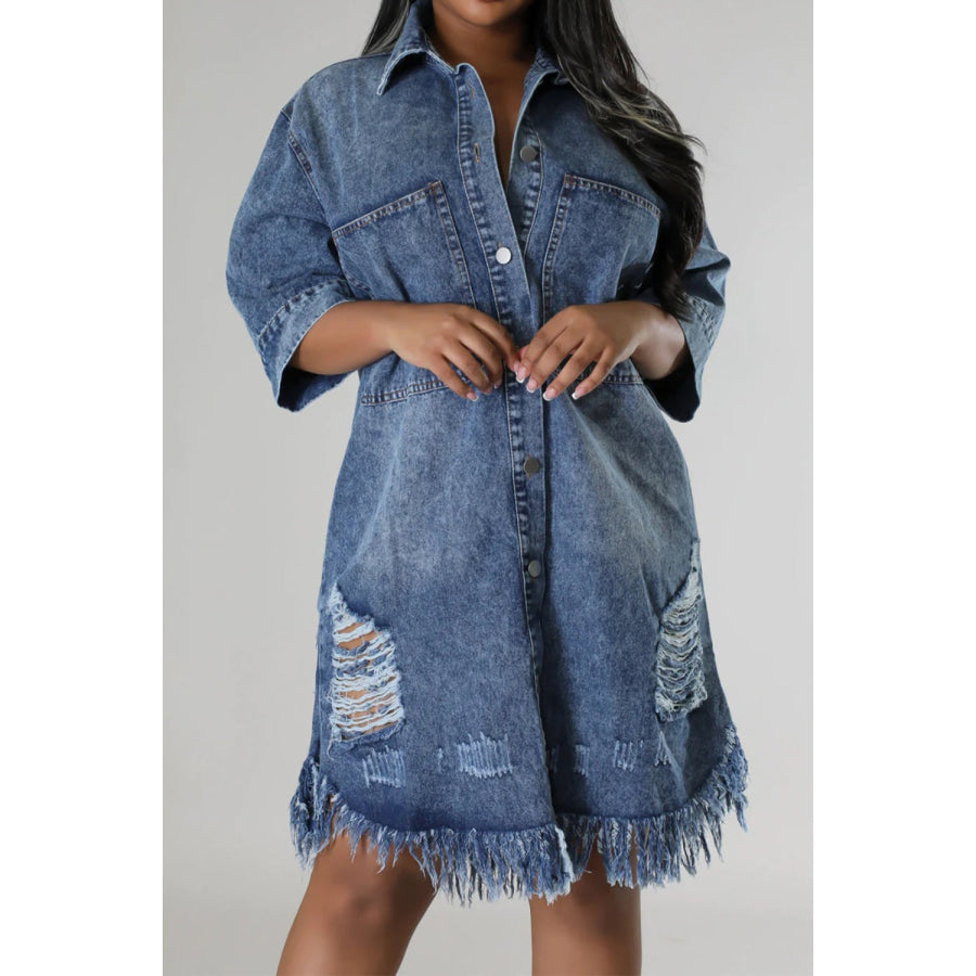 Distressed Raw Hem Button Up Denim Dress Apparel and Accessories