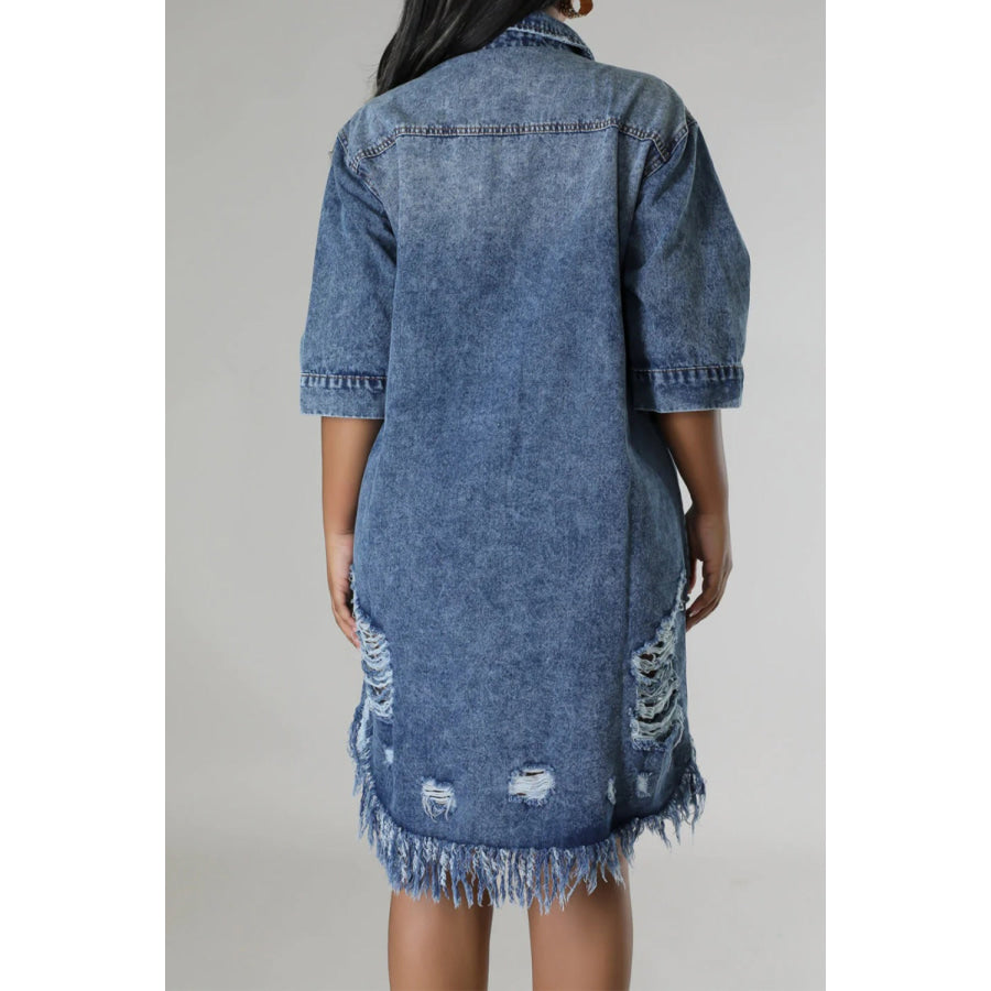 Distressed Raw Hem Button Up Denim Dress Apparel and Accessories