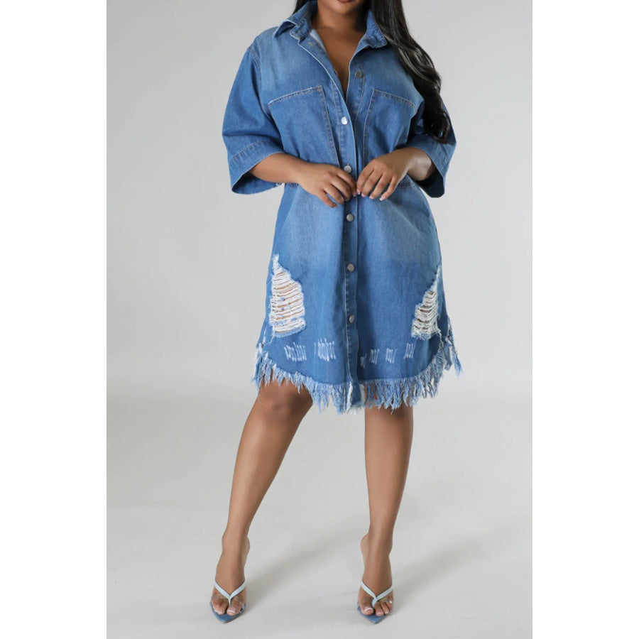 Distressed Raw Hem Button Up Denim Dress Light / S Apparel and Accessories