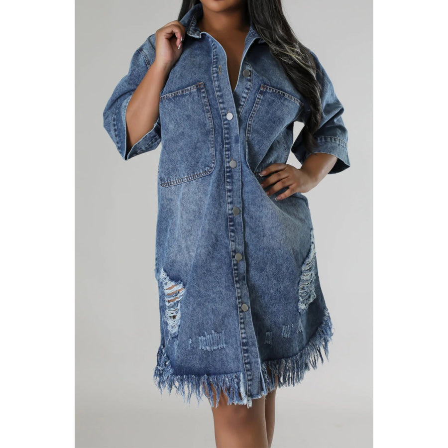 Distressed Raw Hem Button Up Denim Dress Medium / S Apparel and Accessories