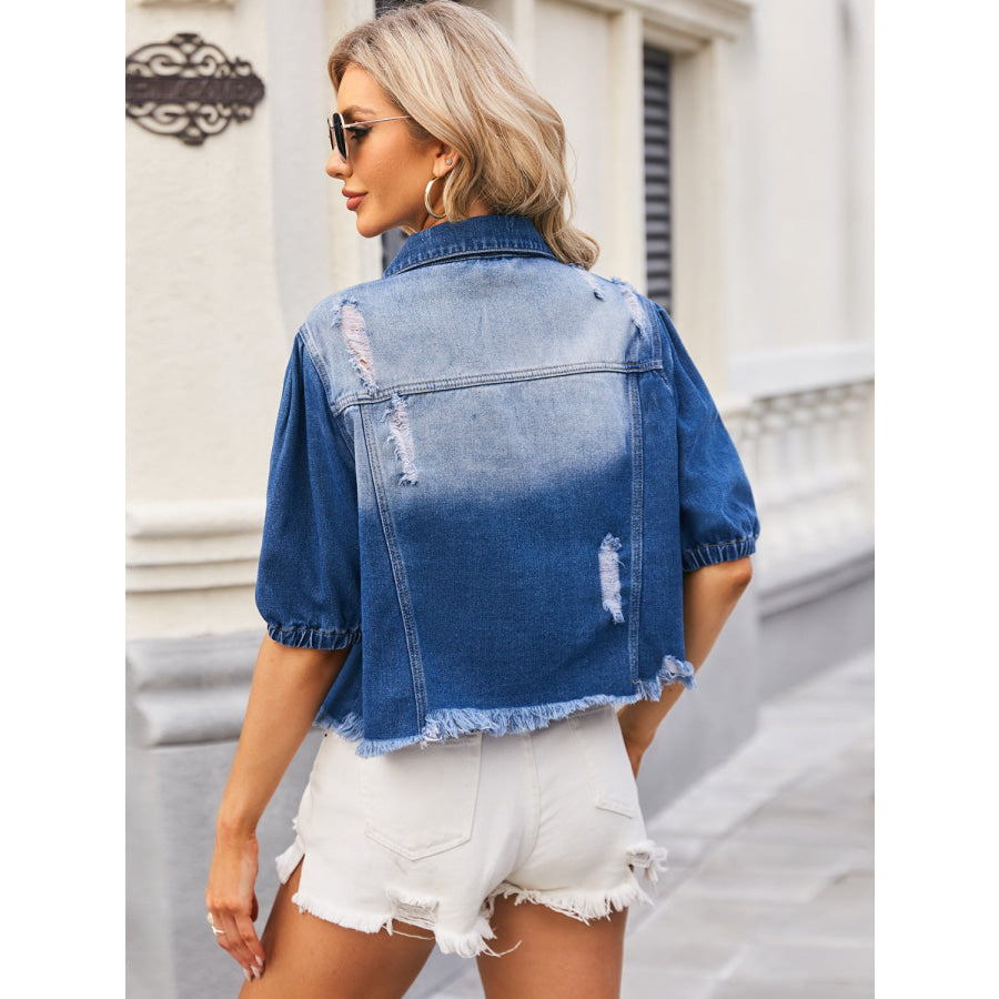 Distressed Raw Hem Button Up Denim Jacket Apparel and Accessories